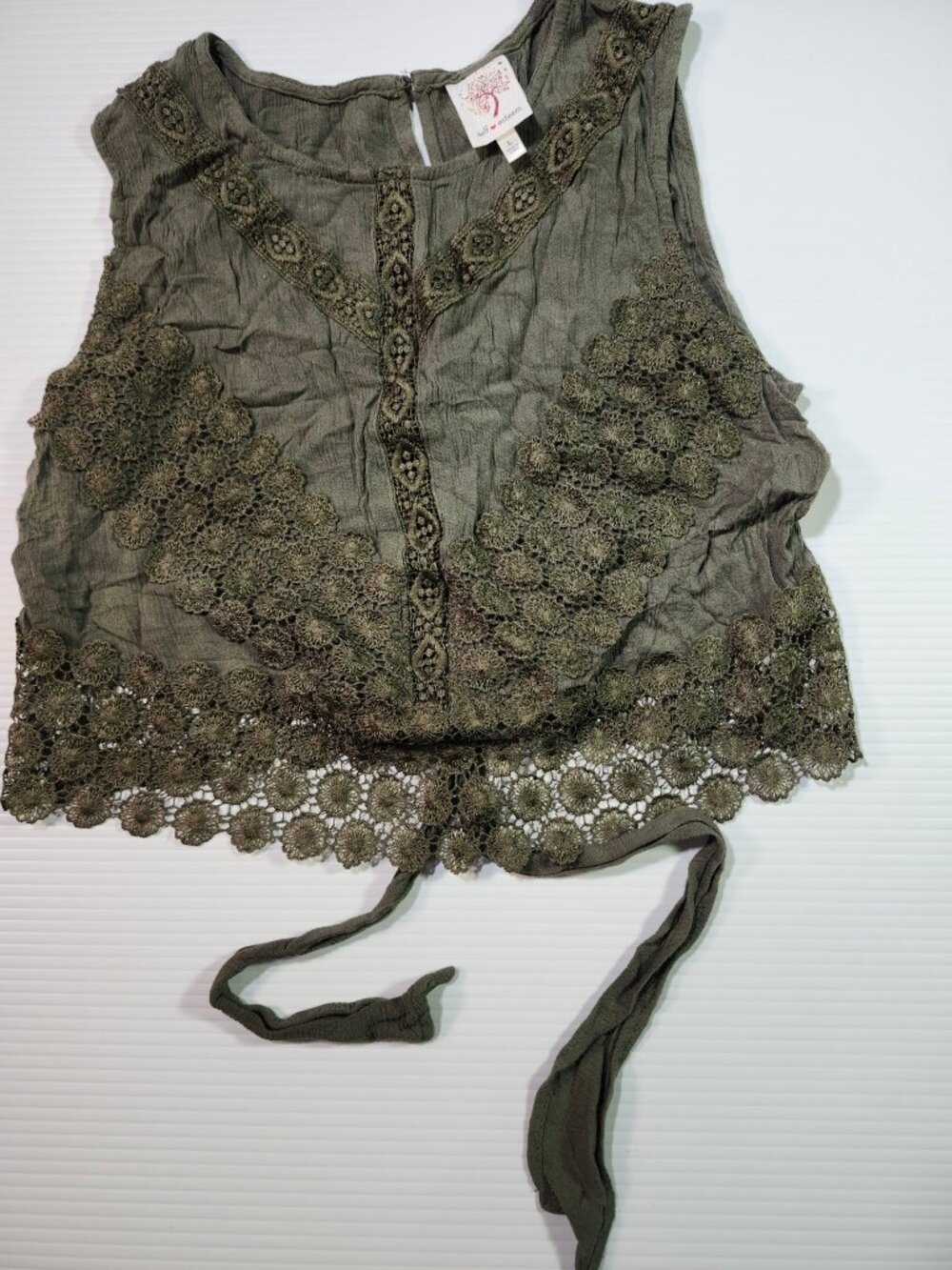 Self Esteem Olive Crochet Tie Back Top L